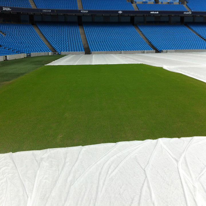 patch of fresh grass shown between germination sheets in a stadium with blue seats