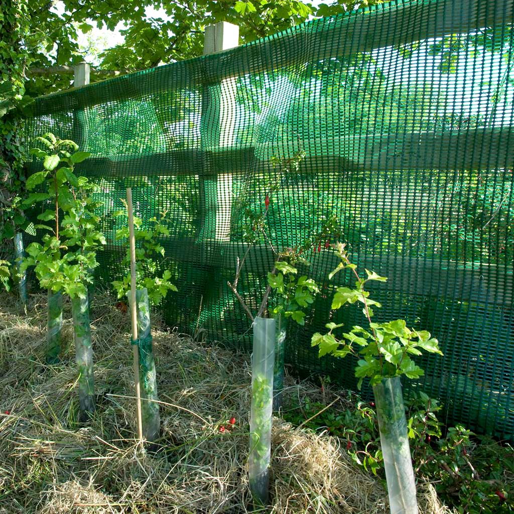 green plastic mesh netting over garden fence