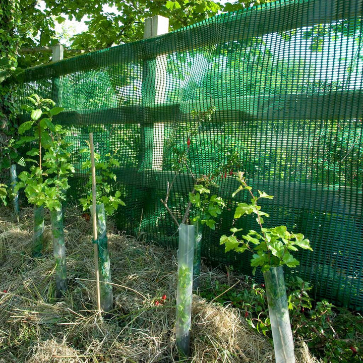 green plastic mesh netting over garden fence