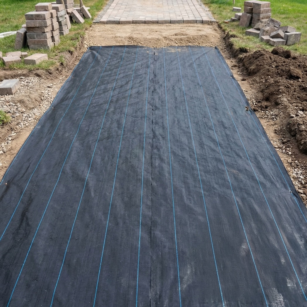 Permatex weed control fabric on a dug out  soil path with piles of stones and the beginngins of a stone path laid around it.