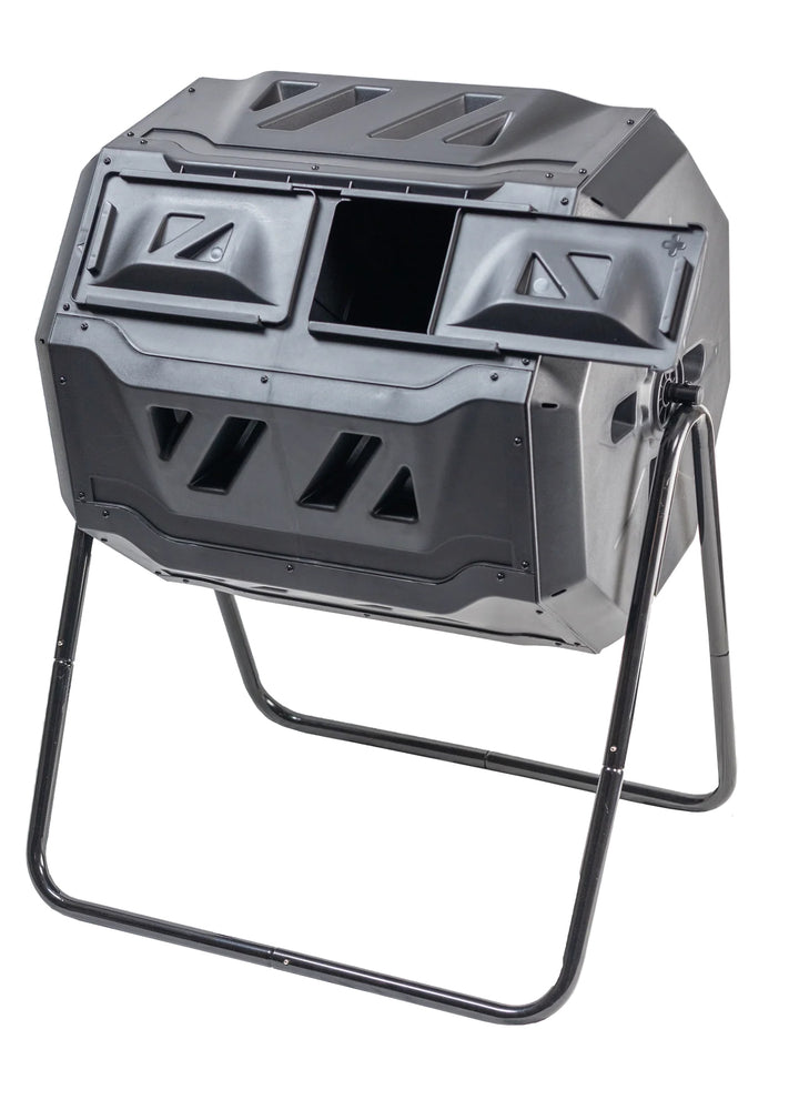 Gray rotating compost bin with black stand on a white background