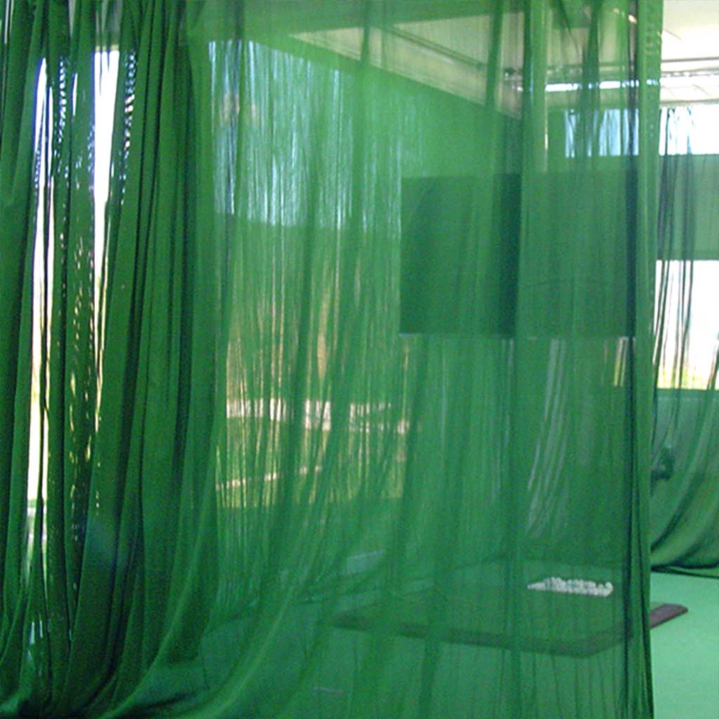 green baffle net hanging from ceiling