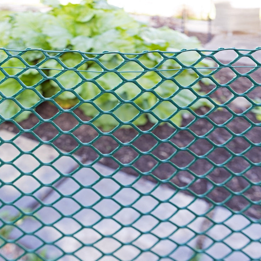 Closeup of Knowle Nets Border Fencing in a green finish with a garden scenein the background. 