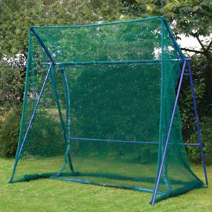 Green netting with blue frame on a grassy area with trees in the background