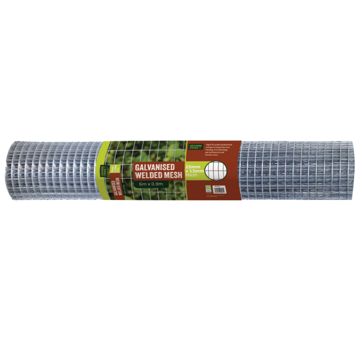Galvanised Weld Mesh Mini Roll with a label around its circumfrence