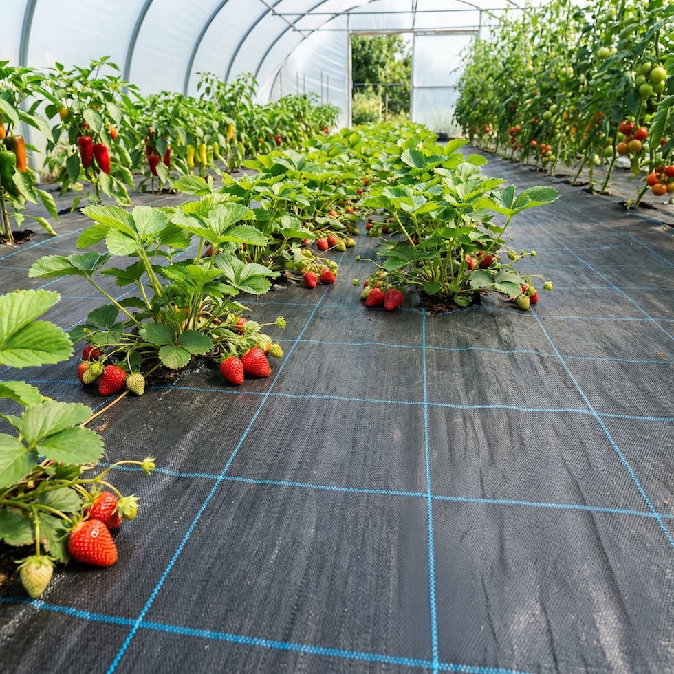 Permatex Ultra Black on the ground of a large polytunnel. Through holes in the farbric, several strawberry, chilli and tomato plants are growing. 