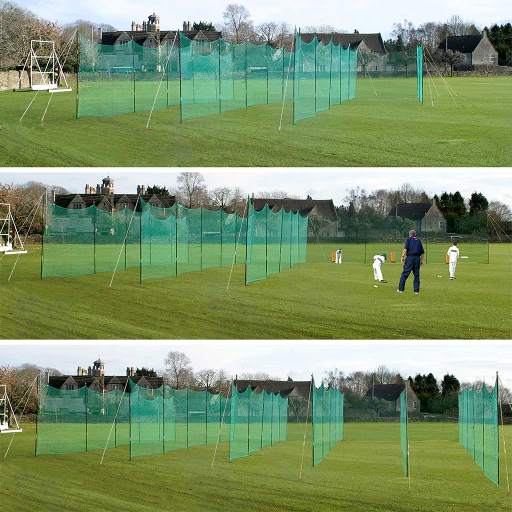 three images showing portanets in rows, with one picture showing them in use by cricketers.