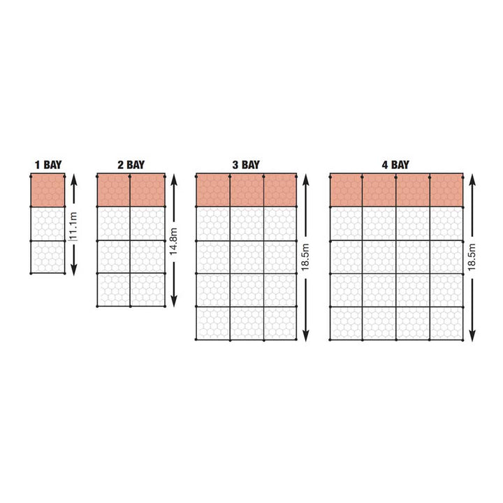 technical drawings showing how much netting is used for each bay.
1 Bay 11.1m
2 Bay 14.8m
3 Bay 15.5m
4 Bay 18.5m